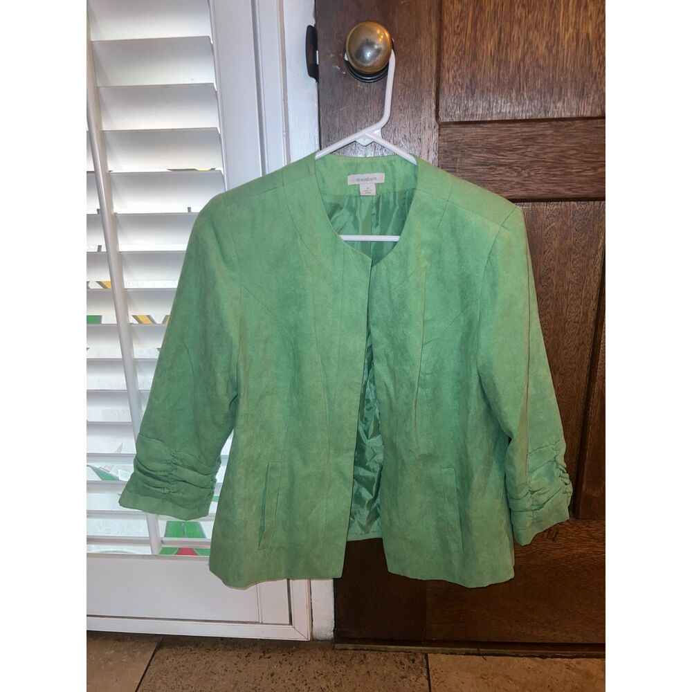 Dressbarn Faux Suede Open Front Jacket Seafoam Green Ruched Sleeve Cardigan Y2K